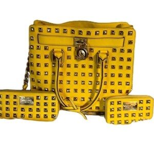 Michael Kors Hamilton bag wallet wristlet yellow studded. Large. 14” COA